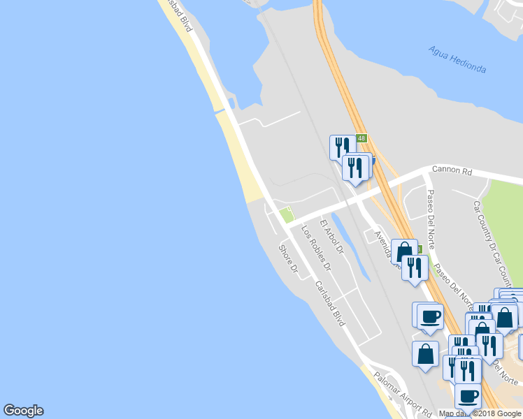 map of restaurants, bars, coffee shops, grocery stores, and more near 5009 Tierra Del Oro in Carlsbad