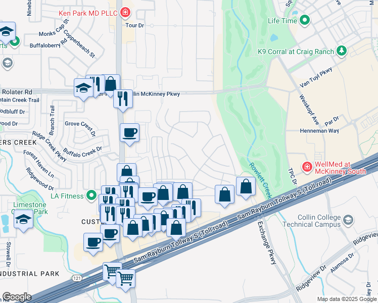 map of restaurants, bars, coffee shops, grocery stores, and more near 8600 Pine Valley Drive in McKinney