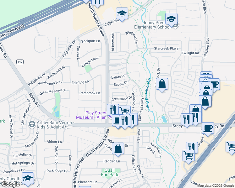 map of restaurants, bars, coffee shops, grocery stores, and more near 931 Dunleer Drive in Allen