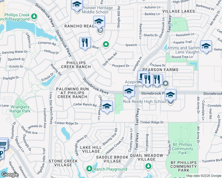 map of restaurants, bars, coffee shops, grocery stores, and more near 6609 Garrett River Road in Frisco