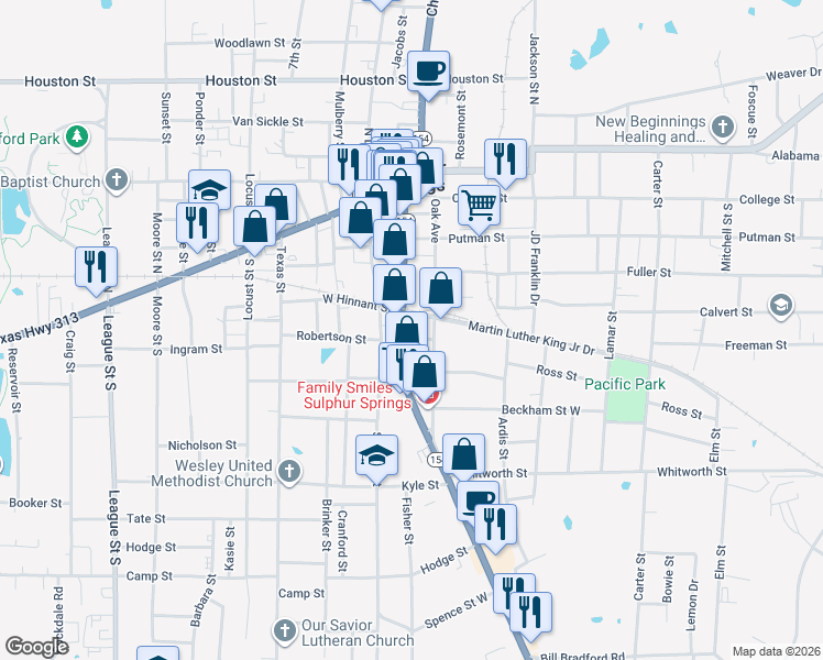 map of restaurants, bars, coffee shops, grocery stores, and more near 630 Gilmer Street in Sulphur Springs