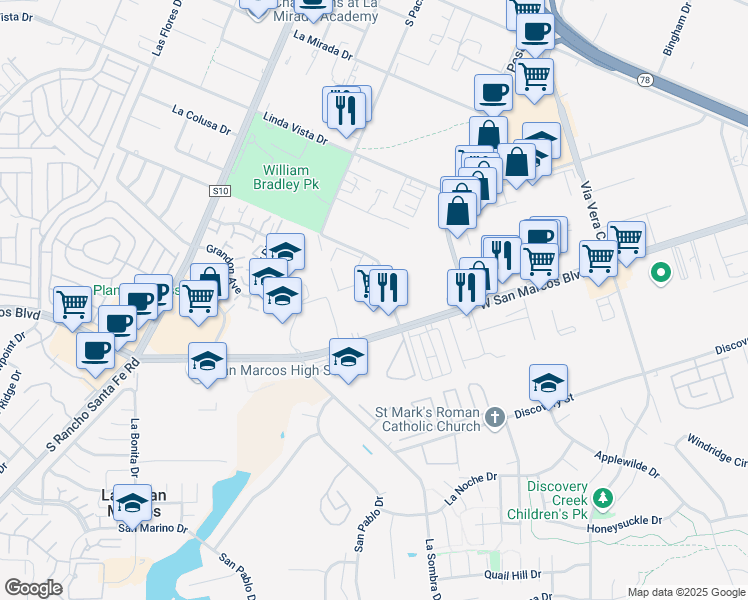 map of restaurants, bars, coffee shops, grocery stores, and more near 1290 West San Marcos Boulevard in San Marcos