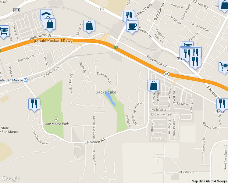 map of restaurants, bars, coffee shops, grocery stores, and more near 654 Edgewater Dr in San Marcos