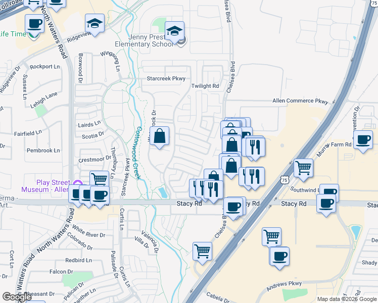 map of restaurants, bars, coffee shops, grocery stores, and more near 853 Deerfield Road in Allen