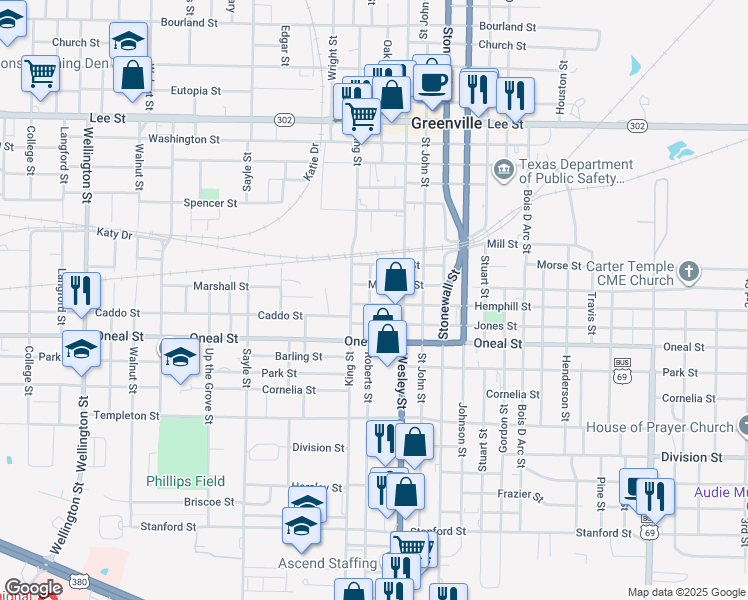 map of restaurants, bars, coffee shops, grocery stores, and more near 2824 Hemphill Street in Greenville