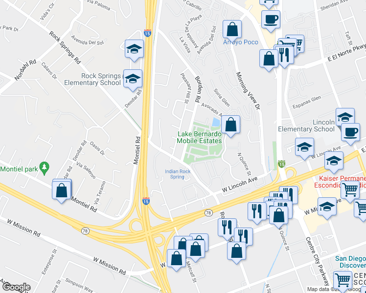 map of restaurants, bars, coffee shops, grocery stores, and more near 1209 Borden Road in Escondido