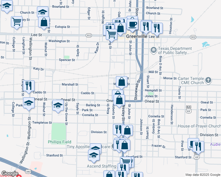 map of restaurants, bars, coffee shops, grocery stores, and more near 2912 Hemphill Street in Greenville