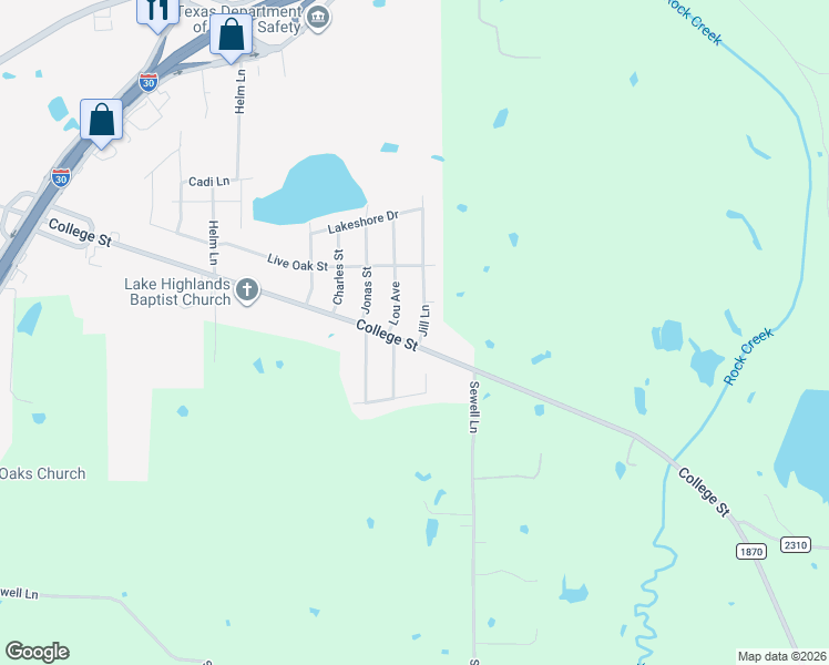 map of restaurants, bars, coffee shops, grocery stores, and more near 1809 College Street in Sulphur Springs