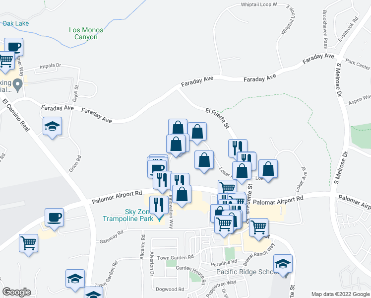 map of restaurants, bars, coffee shops, grocery stores, and more near 2731 Loker Avenue West in Carlsbad