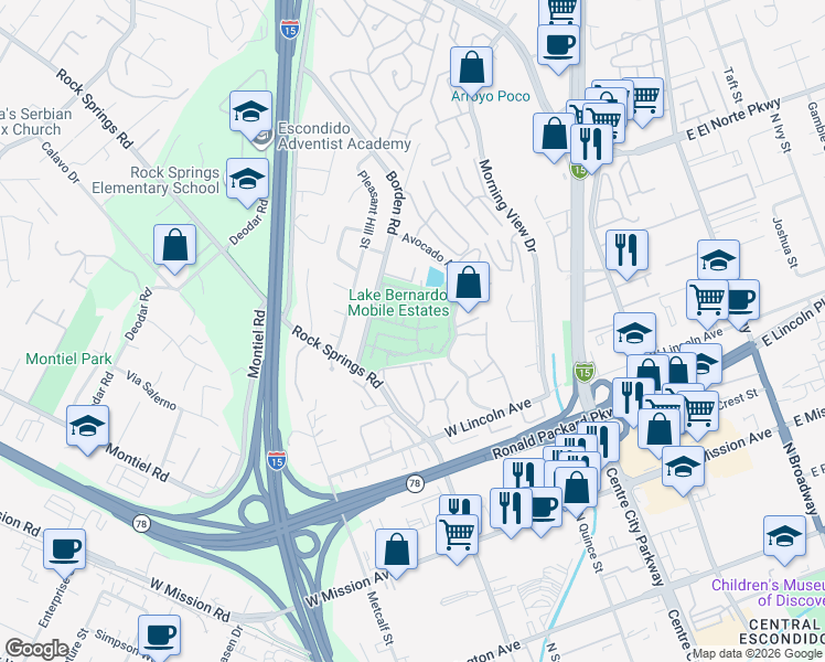 map of restaurants, bars, coffee shops, grocery stores, and more near 17 Citracado Lane in Escondido