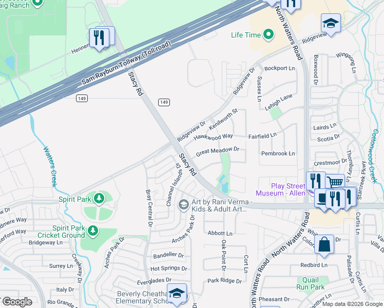 map of restaurants, bars, coffee shops, grocery stores, and more near 1094 Great Meadow Drive in Allen
