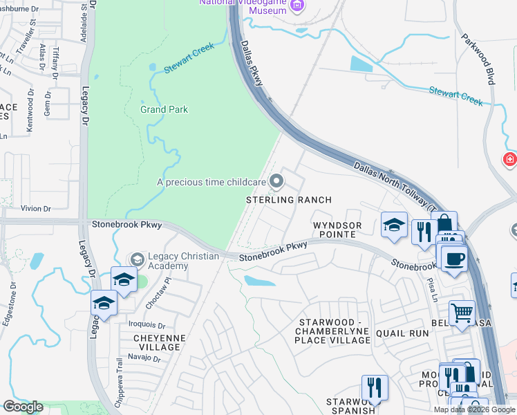 map of restaurants, bars, coffee shops, grocery stores, and more near 5808 Palomino Drive in Frisco