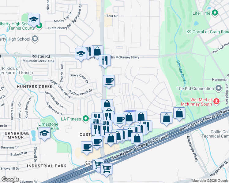 map of restaurants, bars, coffee shops, grocery stores, and more near 7001 Custer Road in McKinney