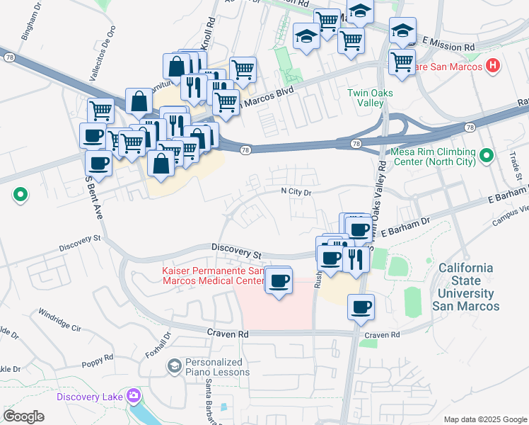 map of restaurants, bars, coffee shops, grocery stores, and more near 349 Discovery Street in San Marcos