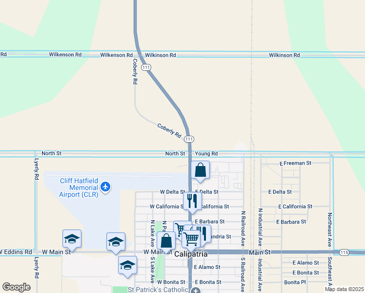 map of restaurants, bars, coffee shops, grocery stores, and more near California 111 in Calipatria