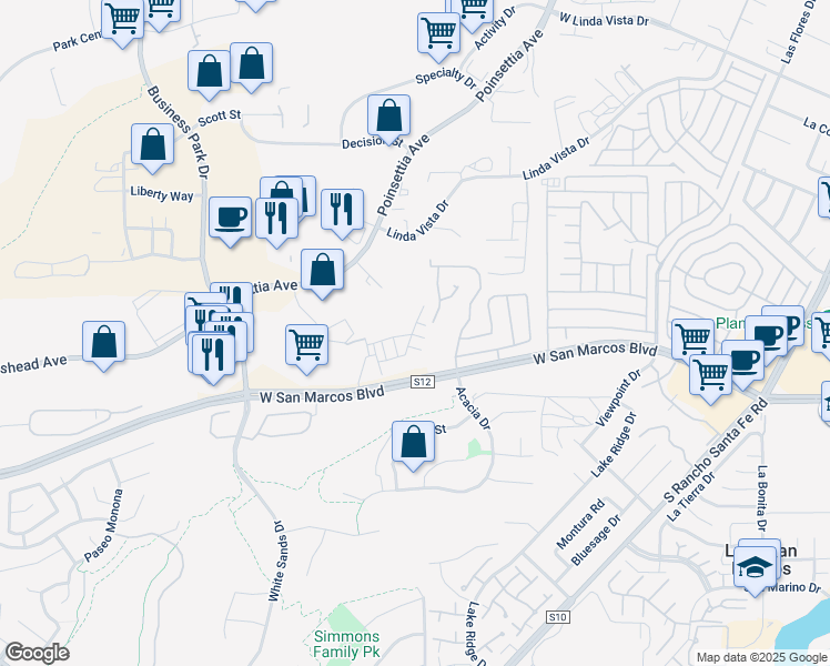 map of restaurants, bars, coffee shops, grocery stores, and more near 2460 Solara Lane in Vista