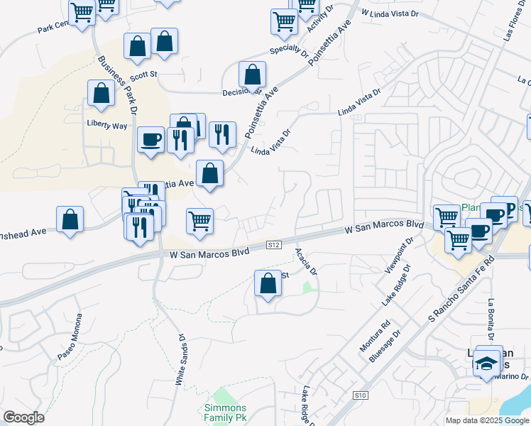 map of restaurants, bars, coffee shops, grocery stores, and more near 2459 Verano Way in Vista