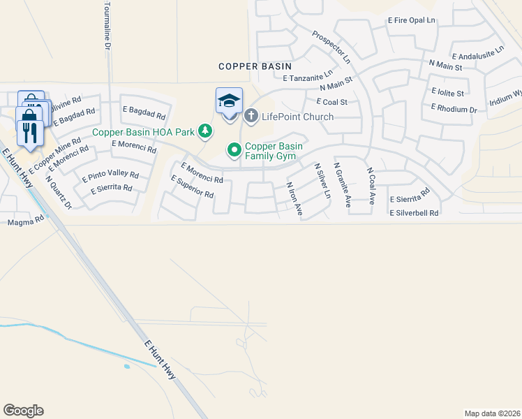map of restaurants, bars, coffee shops, grocery stores, and more near 3804 East Sierrita Road in Queen Creek