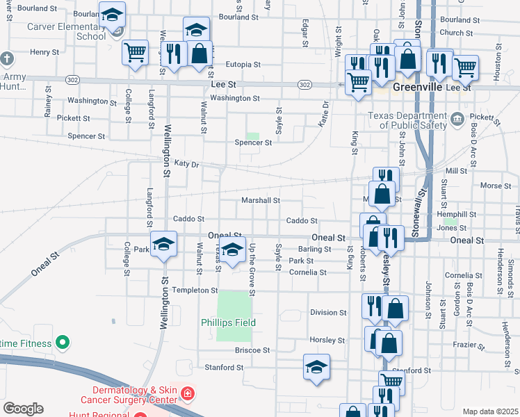 map of restaurants, bars, coffee shops, grocery stores, and more near 3605 Marshall Street in Greenville
