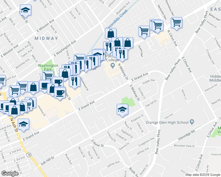 map of restaurants, bars, coffee shops, grocery stores, and more near 113 Foxdale Place in Escondido