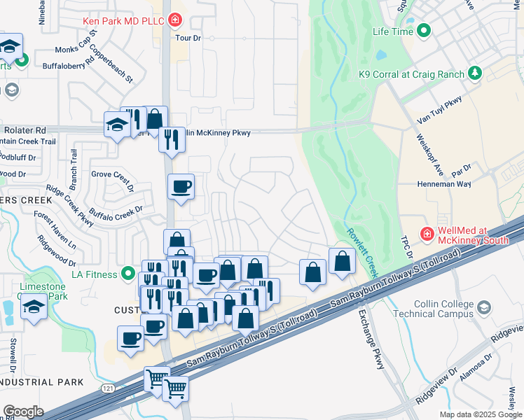 map of restaurants, bars, coffee shops, grocery stores, and more near 8604 Pine Valley Drive in McKinney