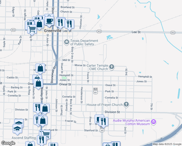 map of restaurants, bars, coffee shops, grocery stores, and more near 1702 Marshall Street in Greenville