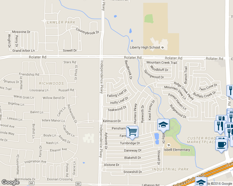 map of restaurants, bars, coffee shops, grocery stores, and more near 14674 Falling Leaf Drive in Frisco