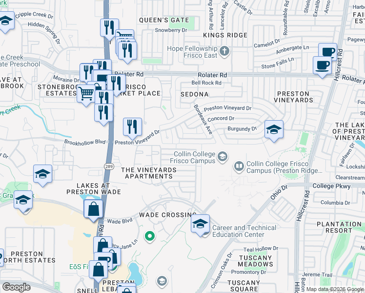 map of restaurants, bars, coffee shops, grocery stores, and more near 9618 Winter Park Drive in Frisco