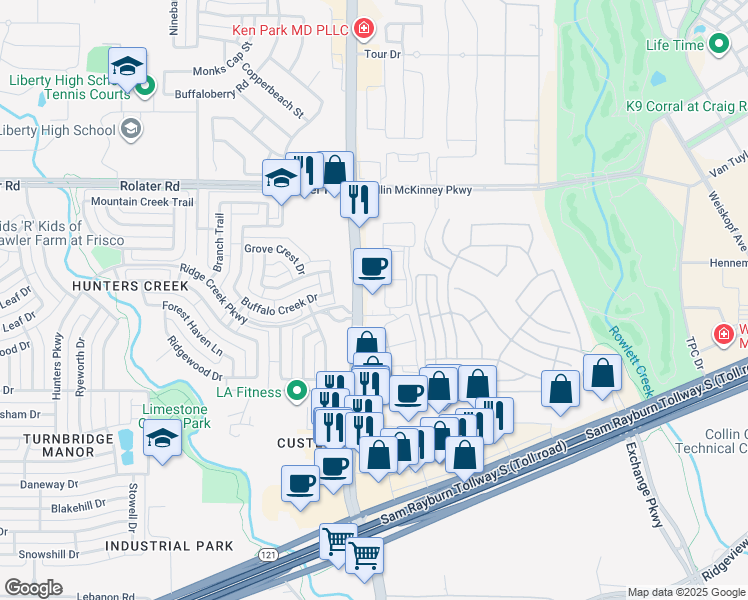 map of restaurants, bars, coffee shops, grocery stores, and more near 7001 Custer Road in McKinney