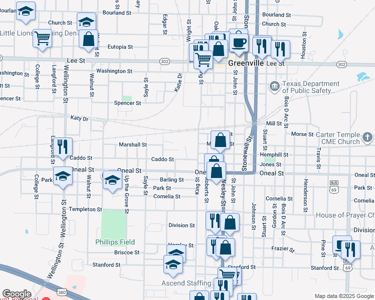 map of restaurants, bars, coffee shops, grocery stores, and more near 3300 Mineola Street in Greenville