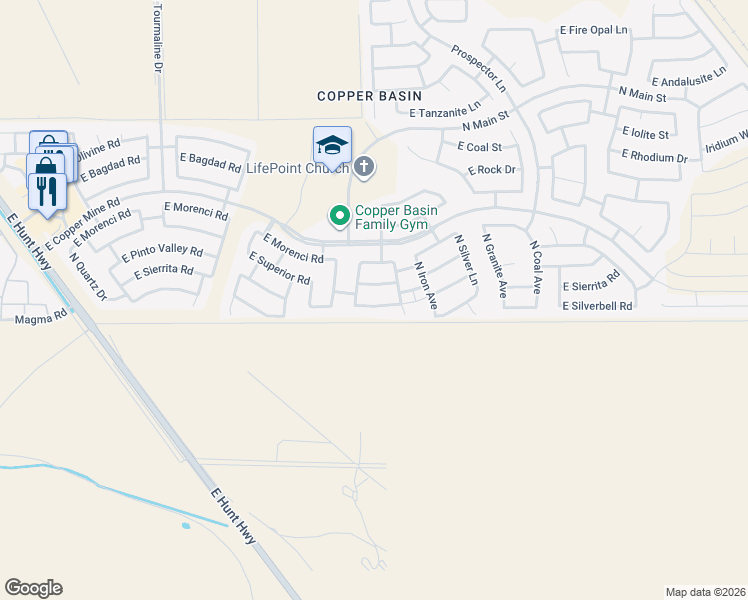map of restaurants, bars, coffee shops, grocery stores, and more near 3788 East Sierrita Road in San Tan Valley