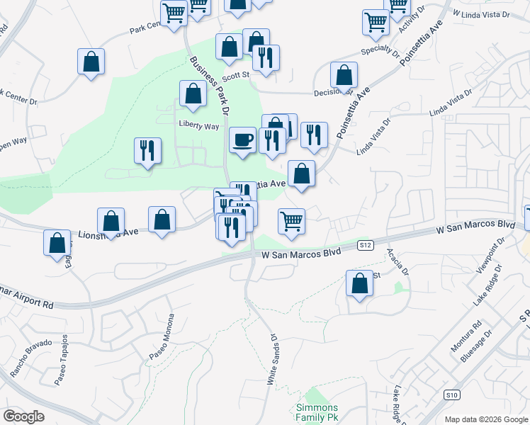 map of restaurants, bars, coffee shops, grocery stores, and more near 3250 Business Park Drive in Vista