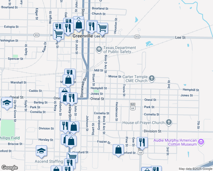 map of restaurants, bars, coffee shops, grocery stores, and more near 3307 Bois D Arc Street in Greenville