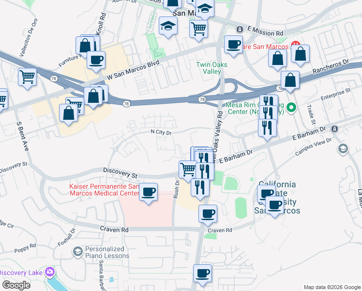 map of restaurants, bars, coffee shops, grocery stores, and more near 209 Shubin Lane in San Marcos