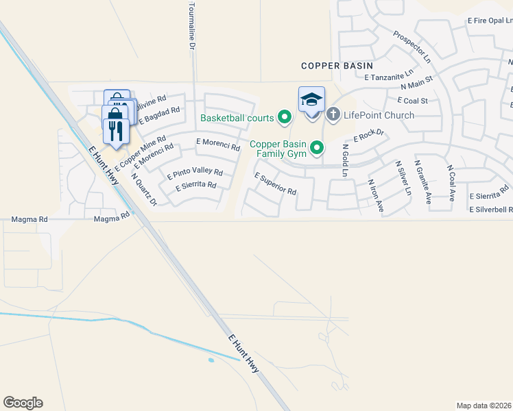 map of restaurants, bars, coffee shops, grocery stores, and more near 3312 East Silverbell Road in Queen Creek