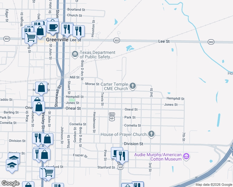 map of restaurants, bars, coffee shops, grocery stores, and more near 1523 Marshall St in Greenville