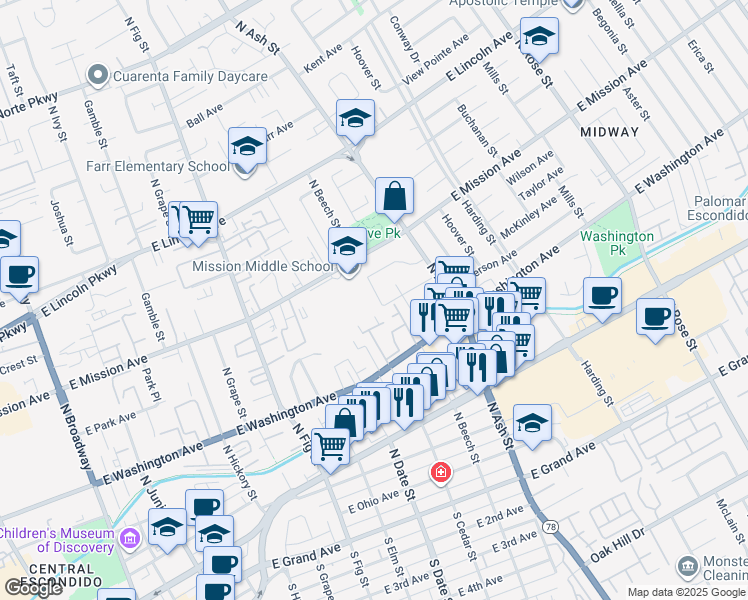 map of restaurants, bars, coffee shops, grocery stores, and more near 717 Rustic Road North in Escondido
