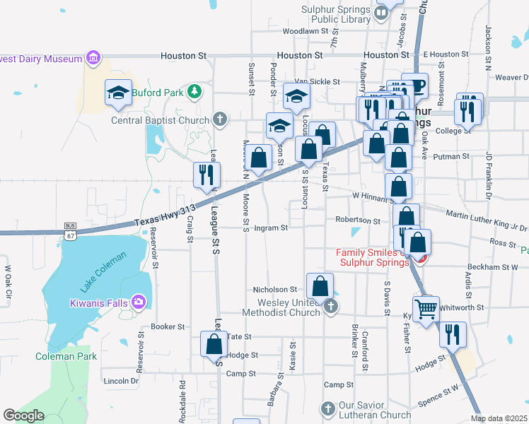 map of restaurants, bars, coffee shops, grocery stores, and more near 129 Goodman Street in Sulphur Springs