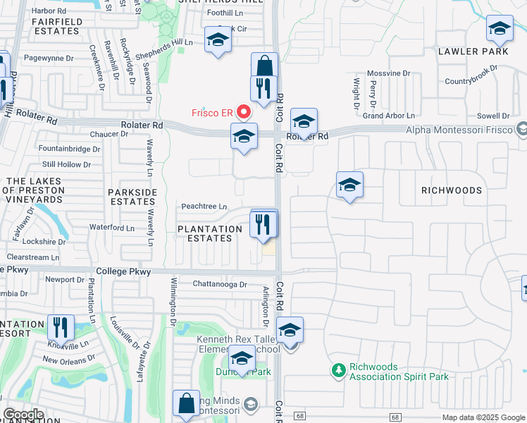 map of restaurants, bars, coffee shops, grocery stores, and more near 12405 Rosedown Lane in Frisco