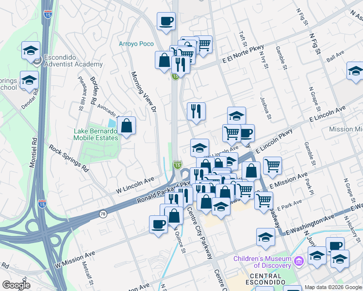 map of restaurants, bars, coffee shops, grocery stores, and more near 110 North Escondido Boulevard in Escondido
