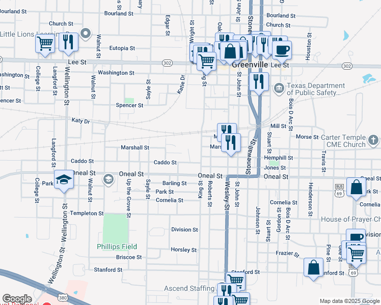 map of restaurants, bars, coffee shops, grocery stores, and more near 3300 Mineola Street in Greenville