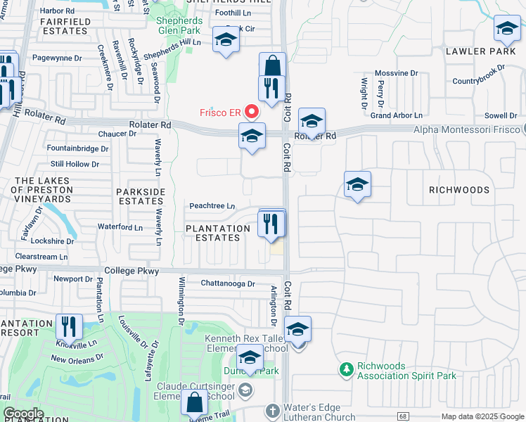 map of restaurants, bars, coffee shops, grocery stores, and more near 12405 Rosedown Lane in Frisco
