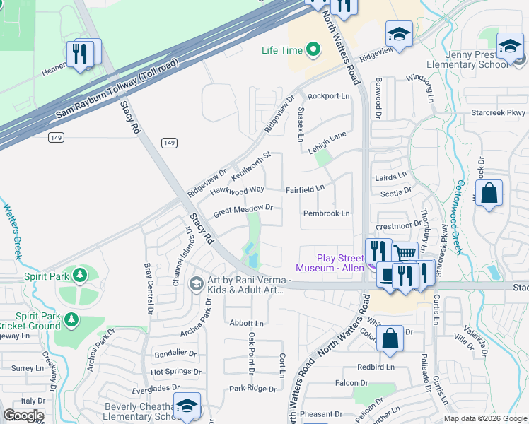 map of restaurants, bars, coffee shops, grocery stores, and more near 1069 Great Meadow Drive in Allen