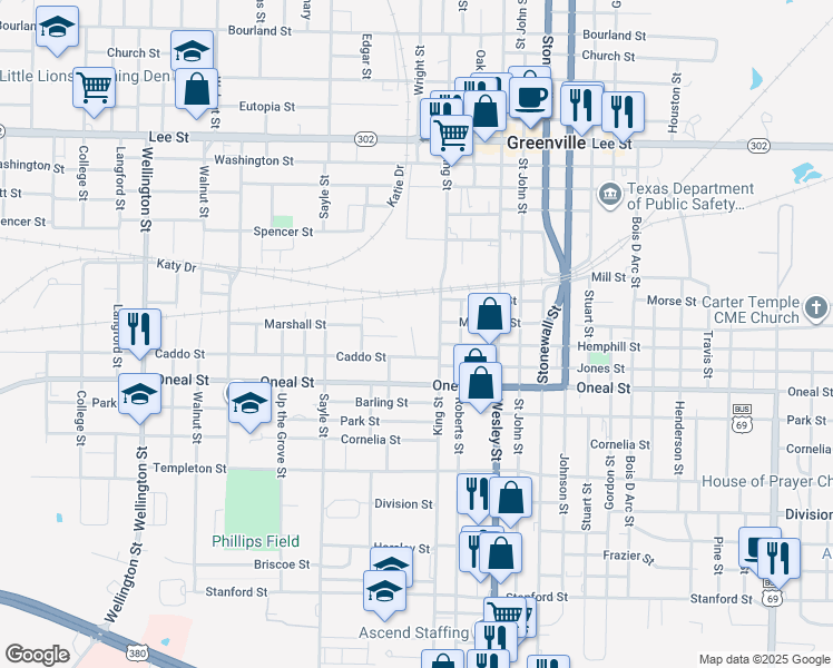 map of restaurants, bars, coffee shops, grocery stores, and more near 3300 Mineola Street in Greenville