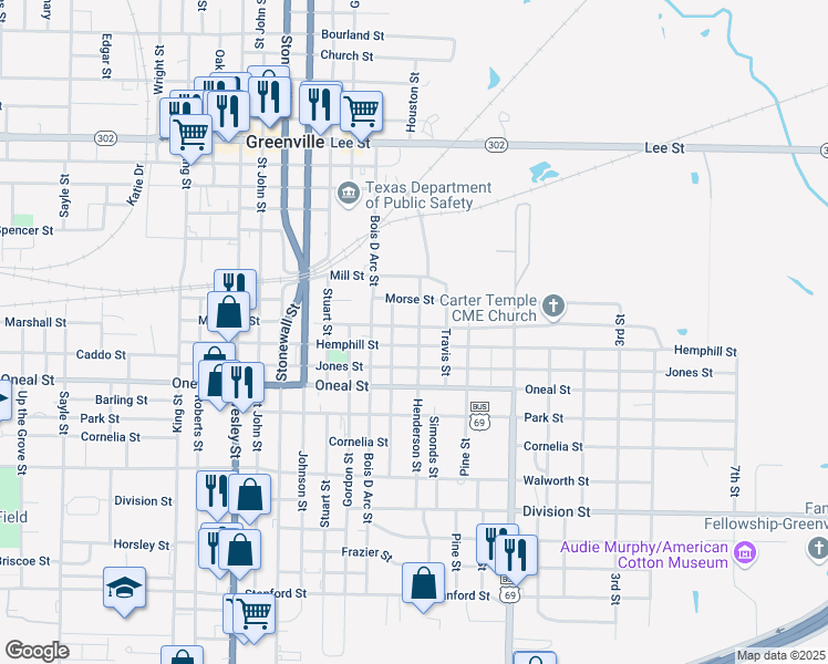 map of restaurants, bars, coffee shops, grocery stores, and more near 3308 Henderson Street in Greenville