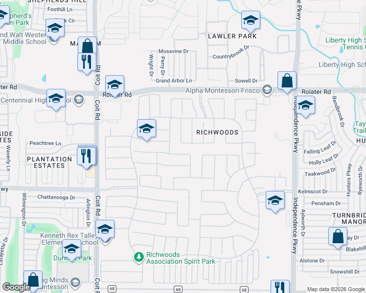 map of restaurants, bars, coffee shops, grocery stores, and more near 13529 Louisiana Lane in Frisco
