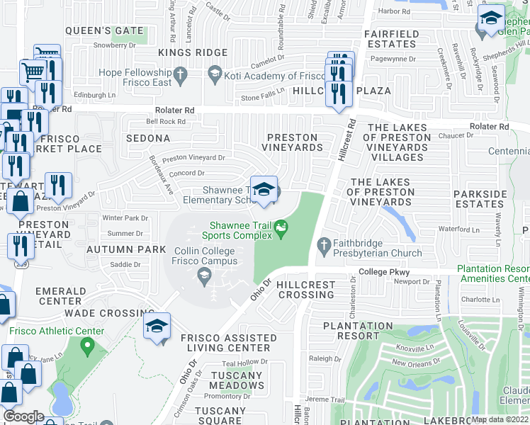 map of restaurants, bars, coffee shops, grocery stores, and more near 10701 Preston Vineyard Drive in Frisco
