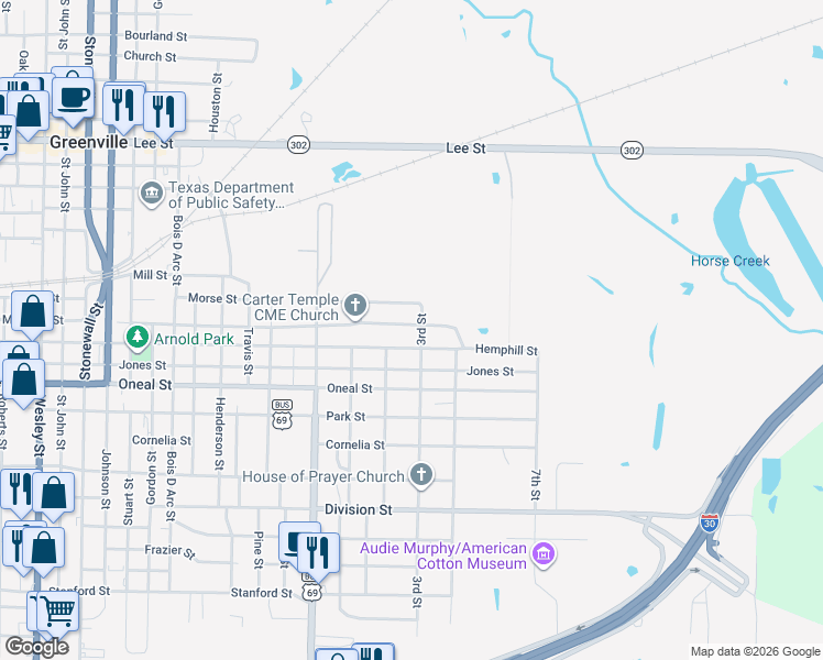 map of restaurants, bars, coffee shops, grocery stores, and more near 1207 Marshall Street in Greenville