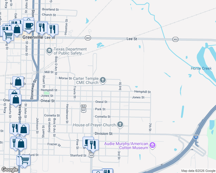 map of restaurants, bars, coffee shops, grocery stores, and more near 1317 Marshall Street in Greenville