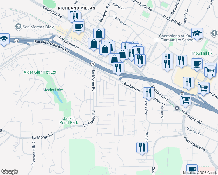 map of restaurants, bars, coffee shops, grocery stores, and more near 1145 East Barham Drive in San Marcos